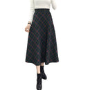 Winter Women Plaid Skirt Woolen High Elastic Waist Elegant A-Line Vintage Warm Midi Skirts