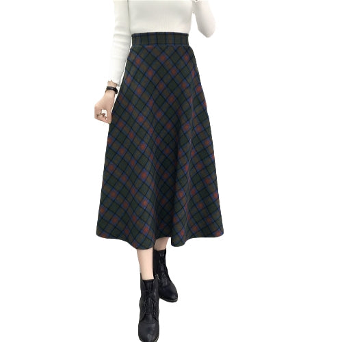 Winter Women Plaid Skirt Woolen High Elastic Waist Elegant A-Line Vintage Warm Midi Skirts