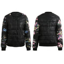 Winter Women Jacket Coat Floral Print Quilted Long Sleeve Cotton Padded Slim Thick Parka Outerwear Black