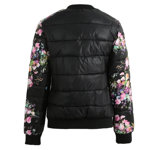 Winter Women Jacket Coat Floral Print Quilted Long Sleeve Cotton Padded Slim Thick Parka Outerwear Black