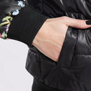 Winter Women Jacket Coat Floral Print Quilted Long Sleeve Cotton Padded Slim Thick Parka Outerwear Black