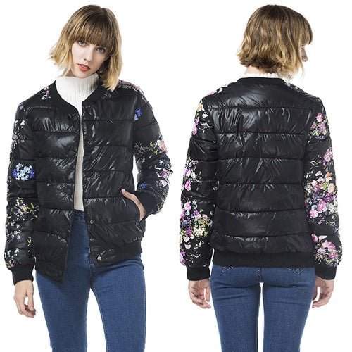 Winter Women Jacket Coat Floral Print Quilted Long Sleeve Cotton Padded Slim Thick Parka Outerwear Black