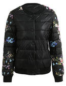 Winter Women Jacket Coat Floral Print Quilted Long Sleeve Cotton Padded Slim Thick Parka Outerwear Black