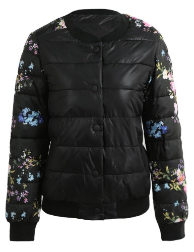 Winter Women Jacket Coat Floral Print Quilted Long Sleeve Cotton Padded Slim Thick Parka Outerwear Black