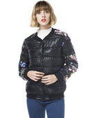 Winter Women Jacket Coat Floral Print Quilted Long Sleeve Cotton Padded Slim Thick Parka Outerwear Black