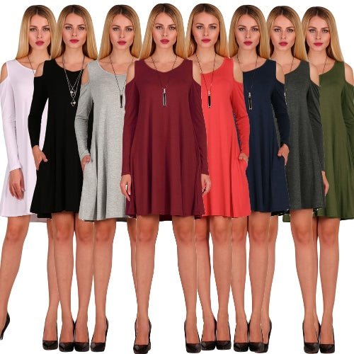 Women Long Sleeve Casual Loose Swing T-Shirt Dress Off Shoulder Tunic Pockets Mini Dress