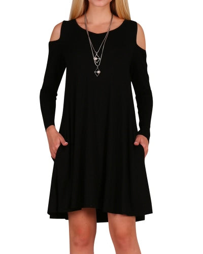 Women Long Sleeve Casual Loose Swing T-Shirt Dress Off Shoulder Tunic Pockets Mini Dress