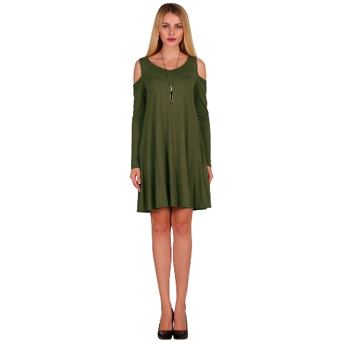 Women Long Sleeve Casual Loose Swing T-Shirt Dress Off Shoulder Tunic Pockets Mini Dress