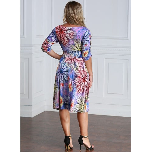 Women Plus Size Dress Colorful Floral Print V Neck Half Sleeve Midi Slim Elegant One-Piece Purple