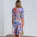 Women Plus Size Dress Colorful Floral Print V Neck Half Sleeve Midi Slim Elegant One-Piece Purple