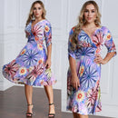 Women Plus Size Dress Colorful Floral Print V Neck Half Sleeve Midi Slim Elegant One-Piece Purple