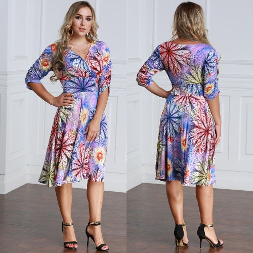 Women Plus Size Dress Colorful Floral Print V Neck Half Sleeve Midi Slim Elegant One-Piece Purple