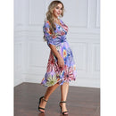 Women Plus Size Dress Colorful Floral Print V Neck Half Sleeve Midi Slim Elegant One-Piece Purple