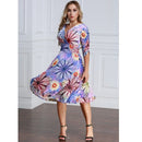 Women Plus Size Dress Colorful Floral Print V Neck Half Sleeve Midi Slim Elegant One-Piece Purple