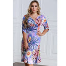 Women Plus Size Dress Colorful Floral Print V Neck Half Sleeve Midi Slim Elegant One-Piece Purple