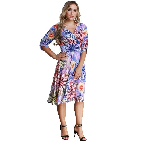 Women Plus Size Dress Colorful Floral Print V Neck Half Sleeve Midi Slim Elegant One-Piece Purple