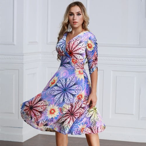 Women Plus Size Dress Colorful Floral Print V Neck Half Sleeve Midi Slim Elegant One-Piece Purple