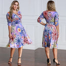 Women Plus Size Dress Colorful Floral Print V Neck Half Sleeve Midi Slim Elegant One-Piece Purple