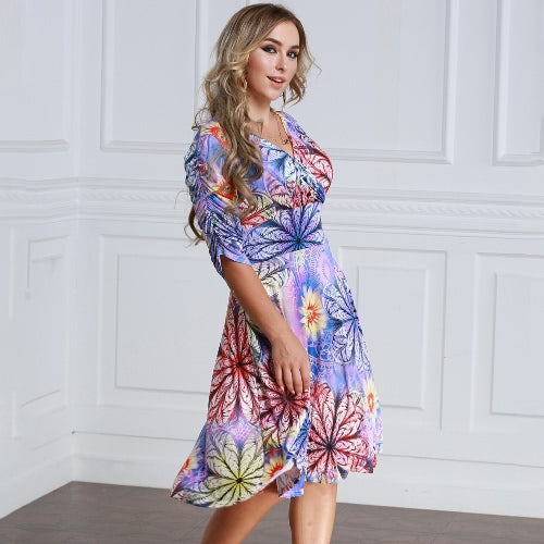 Women Plus Size Dress Colorful Floral Print V Neck Half Sleeve Midi Slim Elegant One-Piece Purple