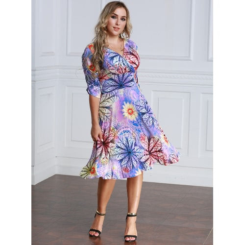 Women Plus Size Dress Colorful Floral Print V Neck Half Sleeve Midi Slim Elegant One-Piece Purple