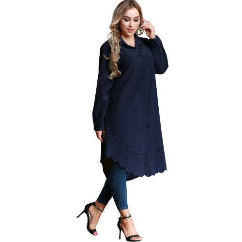 Women Plus Size Shirt Dress Burning Flowers Hollow Out Irregular Hem Belted Casual Tunic Long Blouse Top