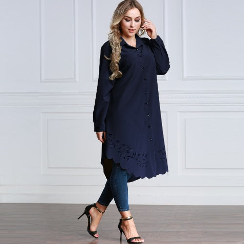 Women Plus Size Shirt Dress Burning Flowers Hollow Out Irregular Hem Belted Casual Tunic Long Blouse Top