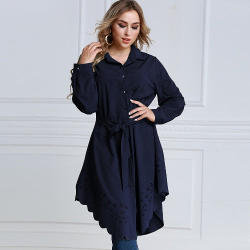 Women Plus Size Shirt Dress Burning Flowers Hollow Out Irregular Hem Belted Casual Tunic Long Blouse Top