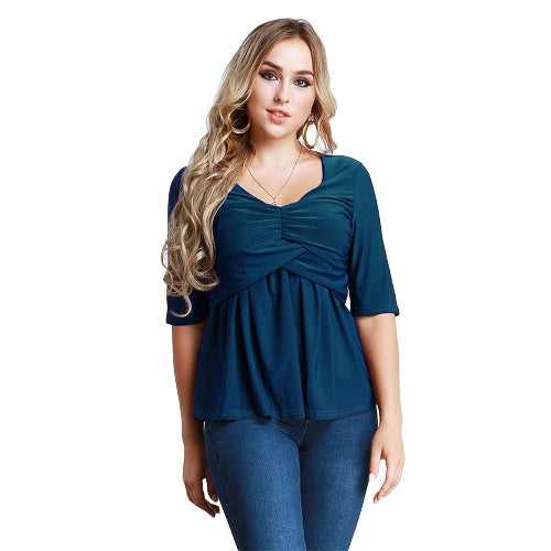 Women T-Shirt Ruched Tunic Sexy Top V-Neck Half Sleeves Autumn Top Solid Slim Casual Tee