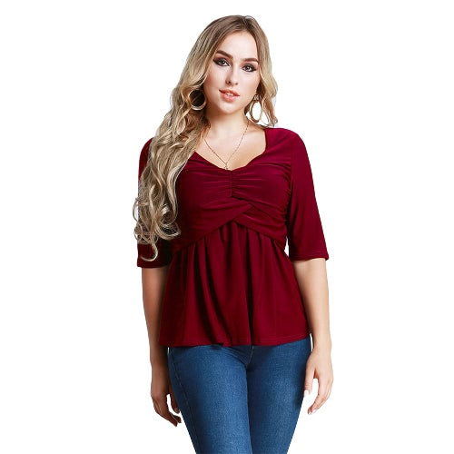 Women T-Shirt Ruched Tunic Sexy Top V-Neck Half Sleeves Autumn Top Solid Slim Casual Tee