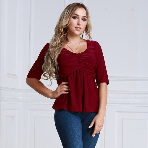 Women T-Shirt Ruched Tunic Sexy Top V-Neck Half Sleeves Autumn Top Solid Slim Casual Tee