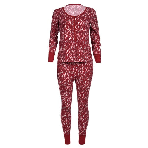 Christmas Women Two-Piece Pajama Set Sleepwear Reindeers Print Polka Dot Long Sleeves Nightwear Red