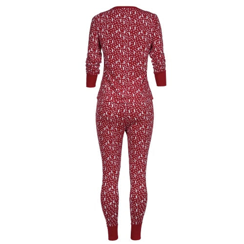 Christmas Women Two-Piece Pajama Set Sleepwear Reindeers Print Polka Dot Long Sleeves Nightwear Red