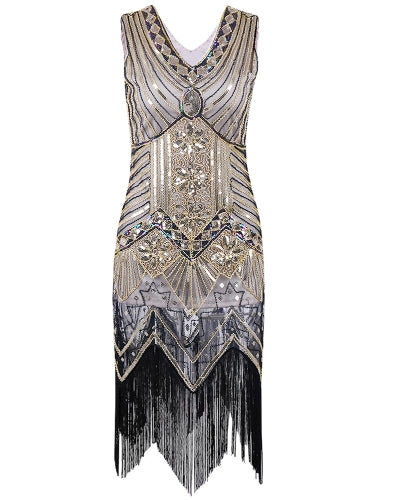 Women Dress Sequined Beading Tassel Fringe V Neck Sleeveless Bodycon Party Clubwear One-Piece