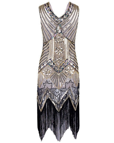 Women Dress Sequined Beading Tassel Fringe V Neck Sleeveless Bodycon Party Clubwear One-Piece