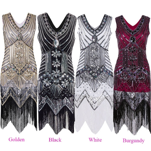 Women Dress Sequined Beading Tassel Fringe V Neck Sleeveless Bodycon Party Clubwear One-Piece