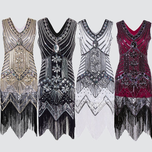 Women Dress Sequined Beading Tassel Fringe V Neck Sleeveless Bodycon Party Clubwear One-Piece