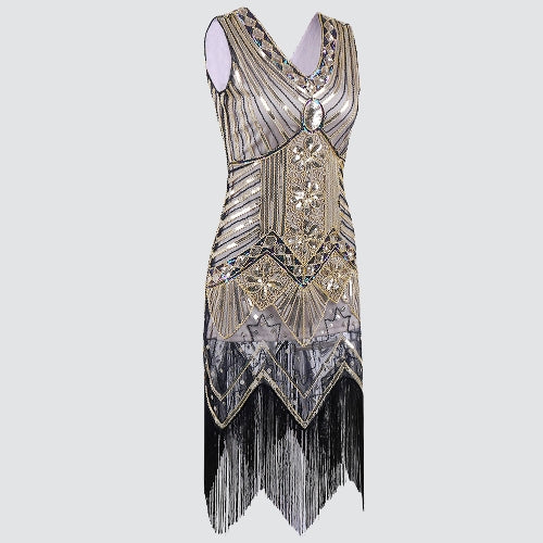 Women Dress Sequined Beading Tassel Fringe V Neck Sleeveless Bodycon Party Clubwear One-Piece