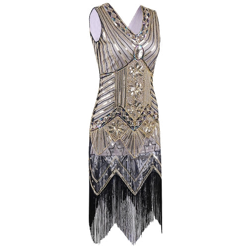 Women Dress Sequined Beading Tassel Fringe V Neck Sleeveless Bodycon Party Clubwear One-Piece