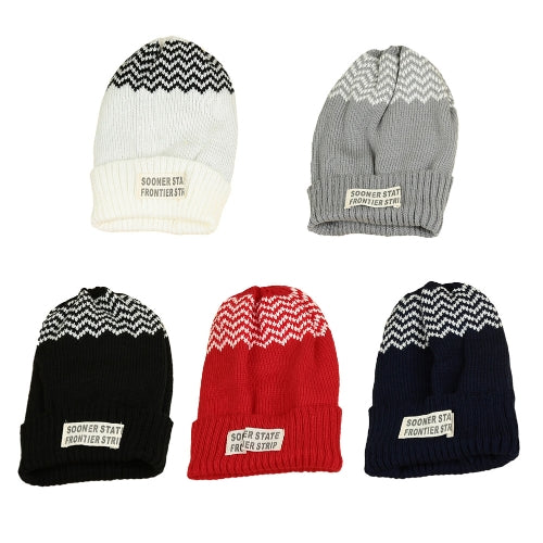 New Women Men Knitted Beanie Hat Letter Wave Stripe Round Top Turn-up Warm Dance Cap