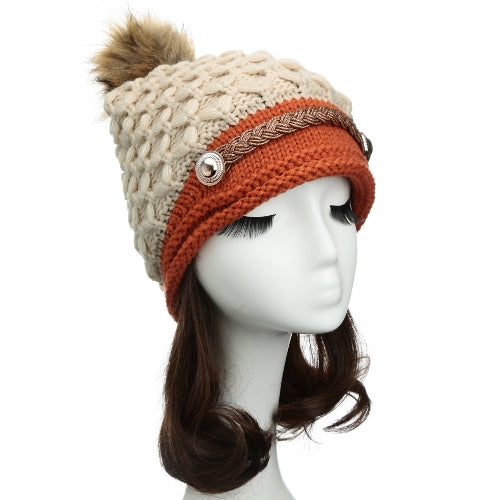 Women Winter Knitted Hat Knit Crochet Faux Fur Pom-Pom Beret Hat Braided Ski Cap