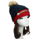 Women Winter Knitted Hat Knit Crochet Faux Fur Pom-Pom Beret Hat Braided Ski Cap