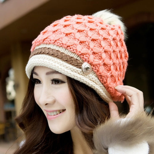 Women Winter Knitted Hat Knit Crochet Faux Fur Pom-Pom Beret Hat Braided Ski Cap