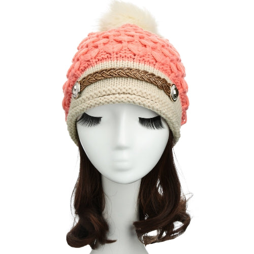 Women Winter Knitted Hat Knit Crochet Faux Fur Pom-Pom Beret Hat Braided Ski Cap