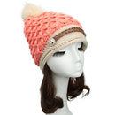 Women Winter Knitted Hat Knit Crochet Faux Fur Pom-Pom Beret Hat Braided Ski Cap