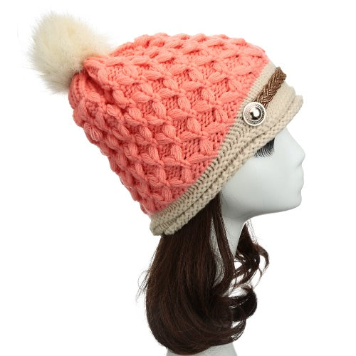 Women Winter Knitted Hat Knit Crochet Faux Fur Pom-Pom Beret Hat Braided Ski Cap