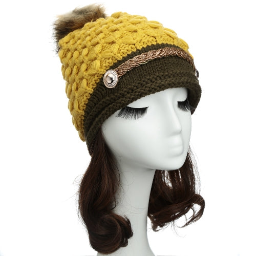 Women Winter Knitted Hat Knit Crochet Faux Fur Pom-Pom Beret Hat Braided Ski Cap