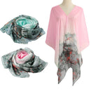 Women Chiffon Shawl Poncho Scarf Retro Printed Summer Beach Cover Up Beachwear Swimsuit Pink/Green