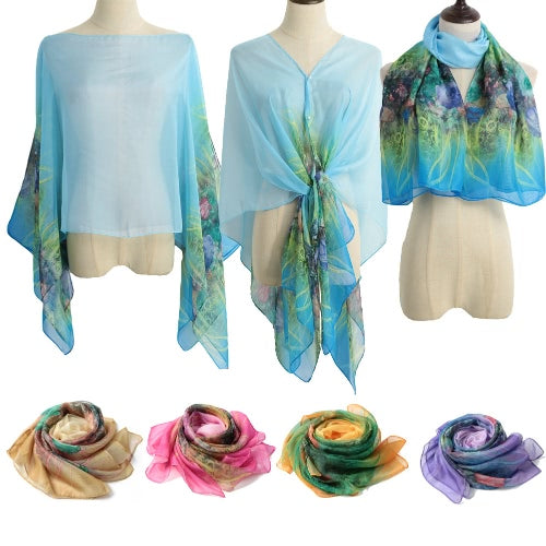 New Fashion Women Scarf Floral Print Two Tiers Beading Long Thin Elegant Pashmina Beach Cover UP Blouse