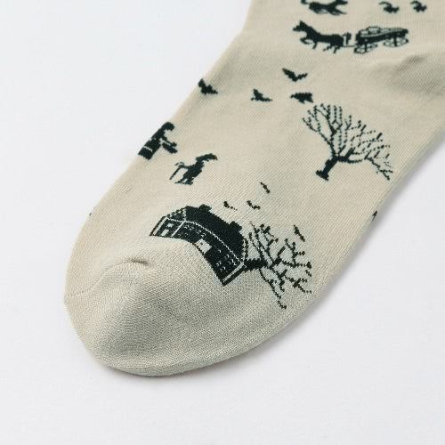 New Fashion Women Ankle Socks Contrast Tree Cartoon Pattern Colorblock Ribbed Cuffs Casual Socks