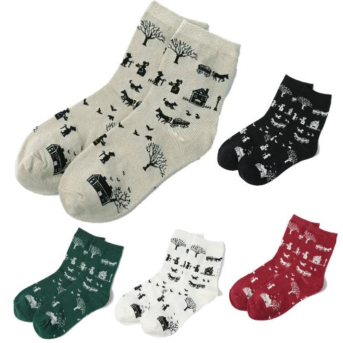 New Fashion Women Ankle Socks Contrast Tree Cartoon Pattern Colorblock Ribbed Cuffs Casual Socks